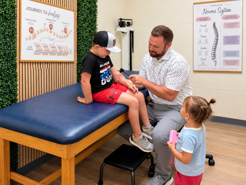 Dr. Crawford checking a young boy's reflexes as a toddler looks on
